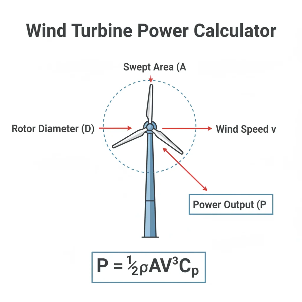 Wind turbine power calculator diagram showing rotor diameter, swept area, wind speed, and power output